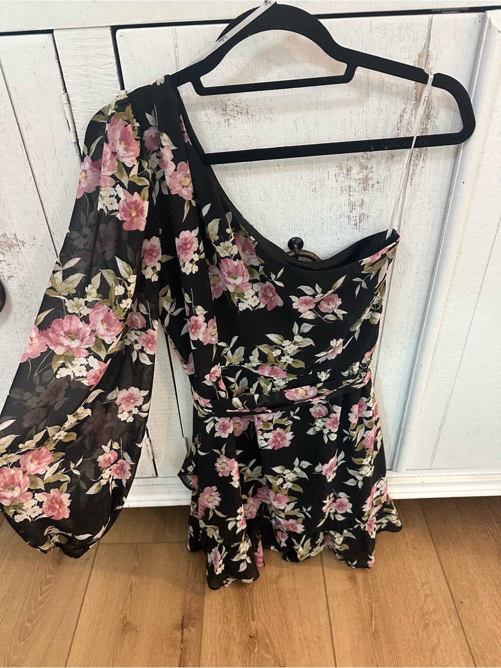 Lulu's Black One-Shoulder Floral Mini Dress with Pink Blossoms - Picture 2 of 3